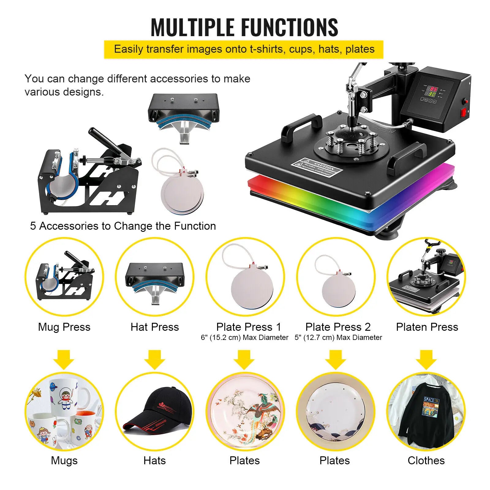 VEVOR Combo Heat Press Machine 5/6/8 in 1 30*38CM 38*38CM Muntifunctional Sublimation Printer Transfer for Mug Hat Plate T-Shirt - Image 5