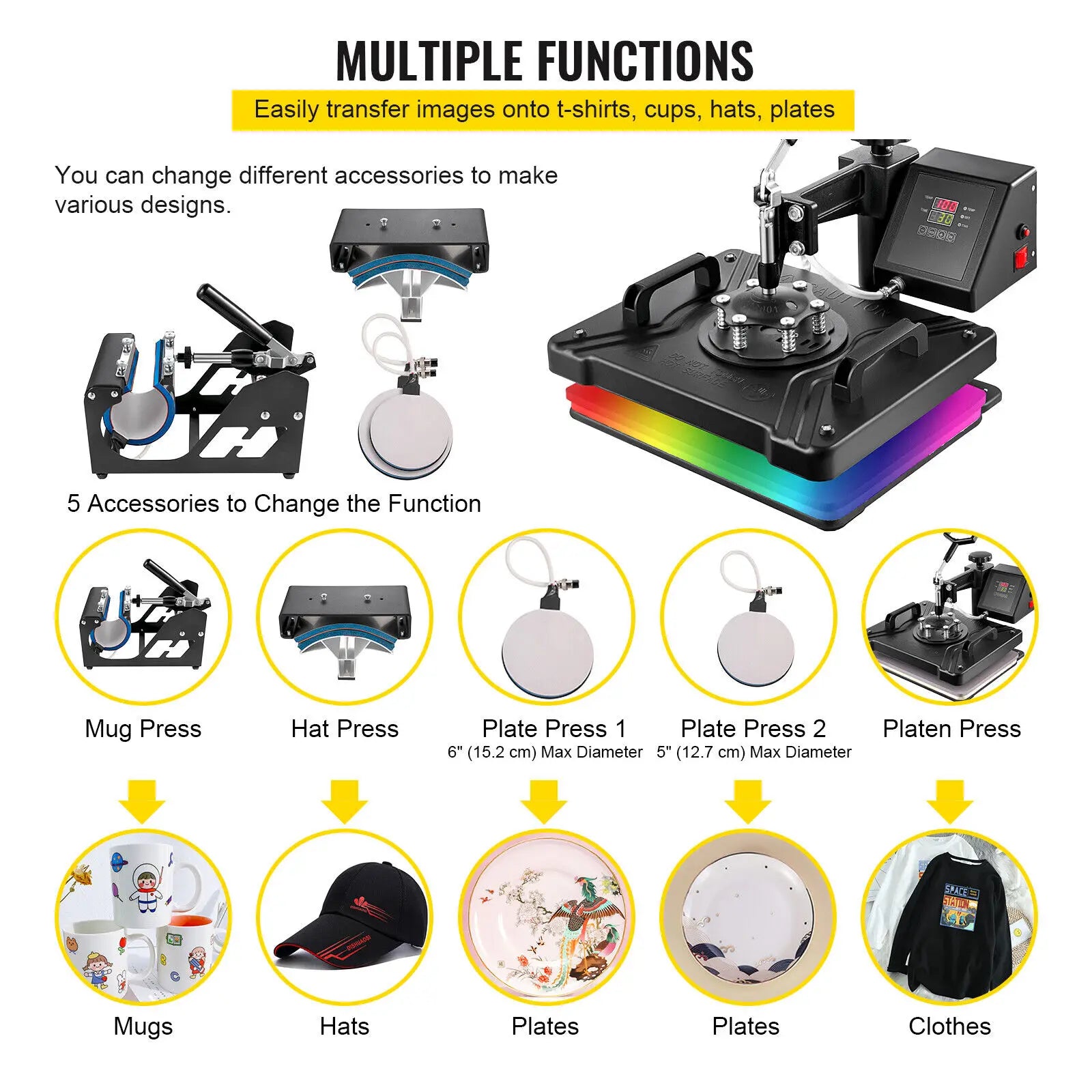 VEVOR Combo Heat Press Machine 5/6/8 in 1 30*38CM 38*38CM Muntifunctional Sublimation Printer Transfer for Mug Hat Plate T-Shirt - Image 6