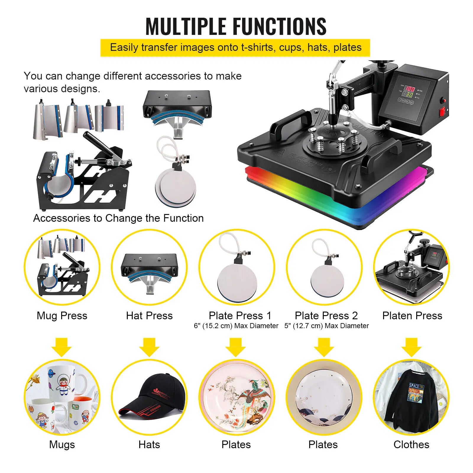 VEVOR Combo Heat Press Machine 5/6/8 in 1 30*38CM 38*38CM Muntifunctional Sublimation Printer Transfer for Mug Hat Plate T-Shirt - Image 7